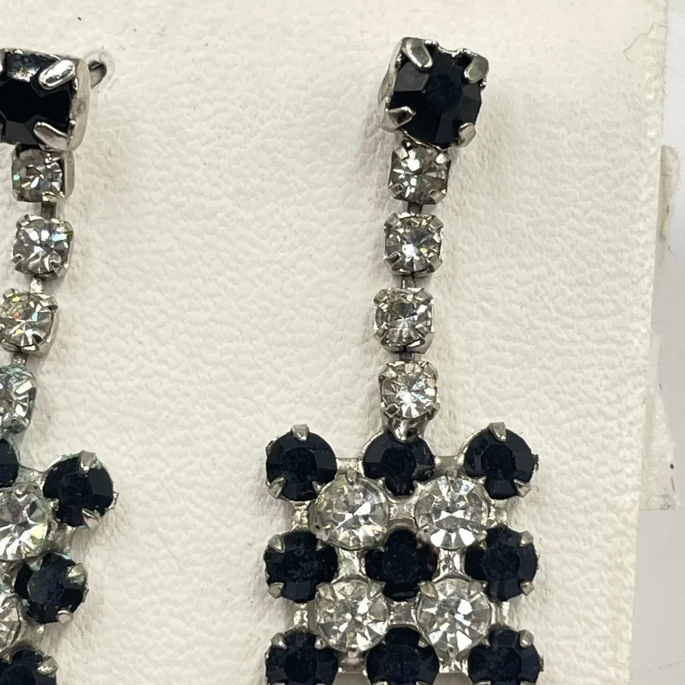 Vintage‎ Silver-Tone Glamour Prong Rhinestone Beads Checkerboard Dangle Earrings